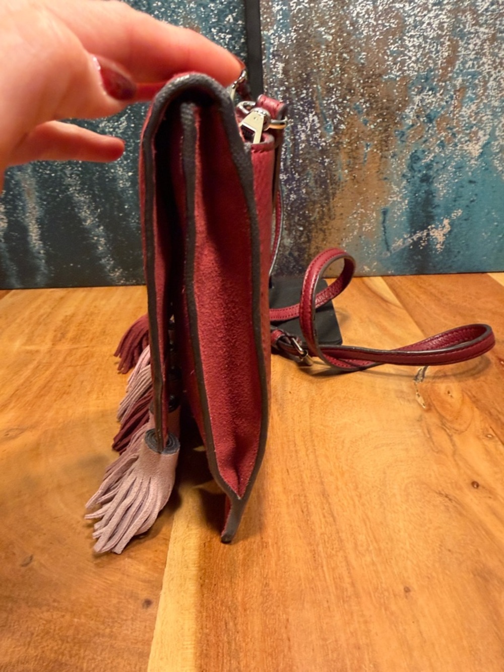 Rebecca Minkoff Boho Finn Tassel Suede Leather Crossbody Clutch Burgundy (GUC) - Picture 14 of 17